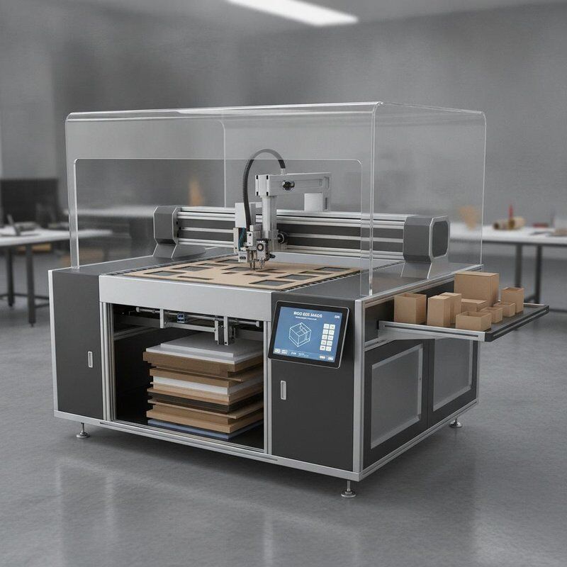 Máquina de fabricação de caixas rígidas concebida para produção de amostras e produção personalizada em pequenos lotes com corte de material flexível